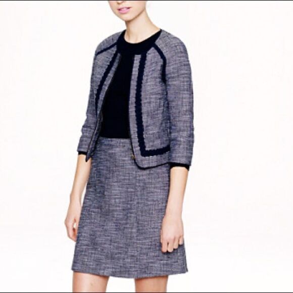 J. CREW Navy Blue Cropped Collarless Tweed Zip Front Blazer Jacket 0 - Picture 2 of 10